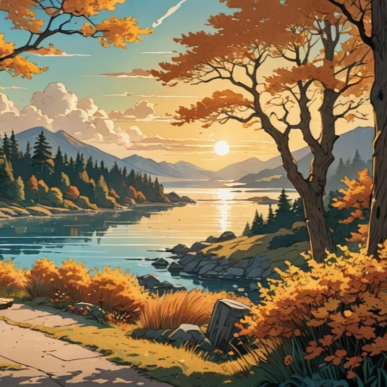 Autumnal Lakeside Scene in Comic Book Art Style