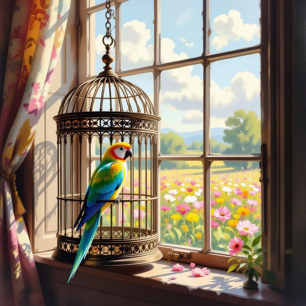 Elegant Parrot Gazes from Ornate Birdcage to Flower Field