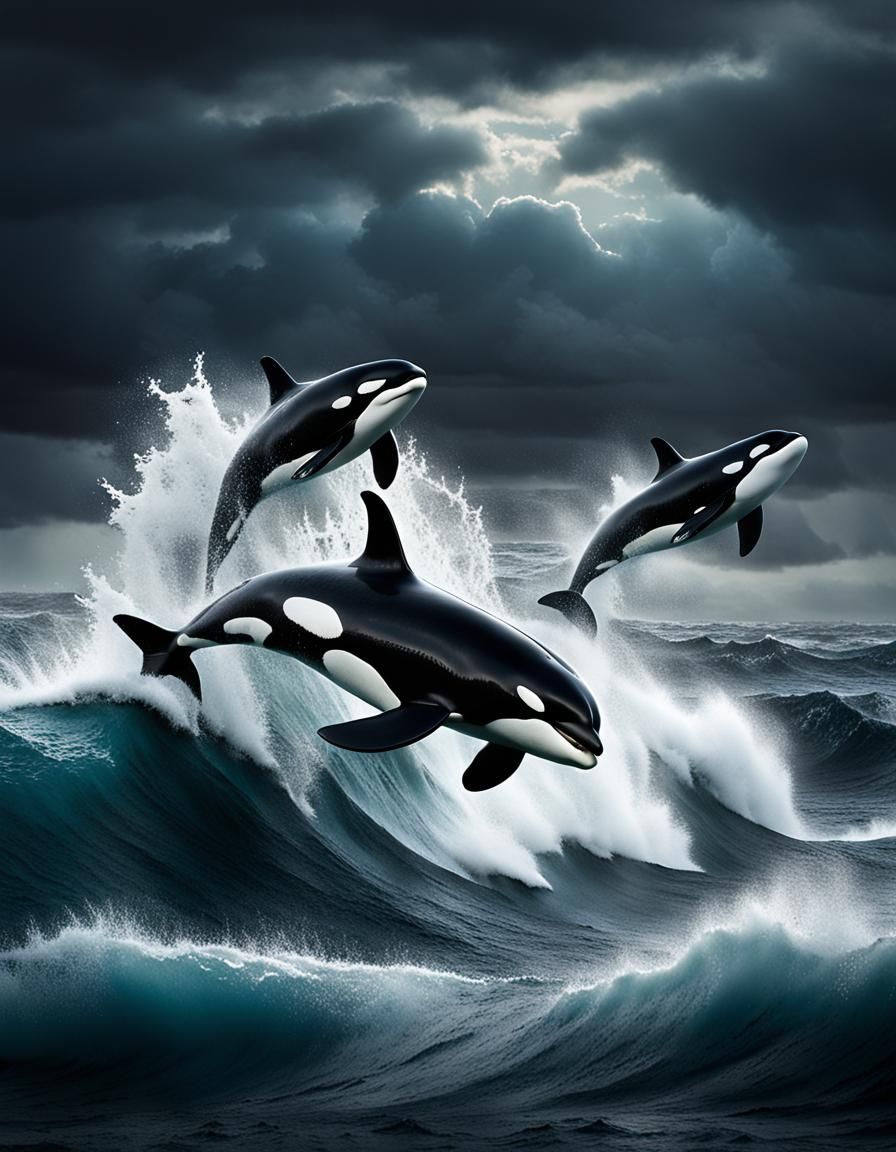 Orcas Leaping in Choppy Ocean, Digital Matte Painting
