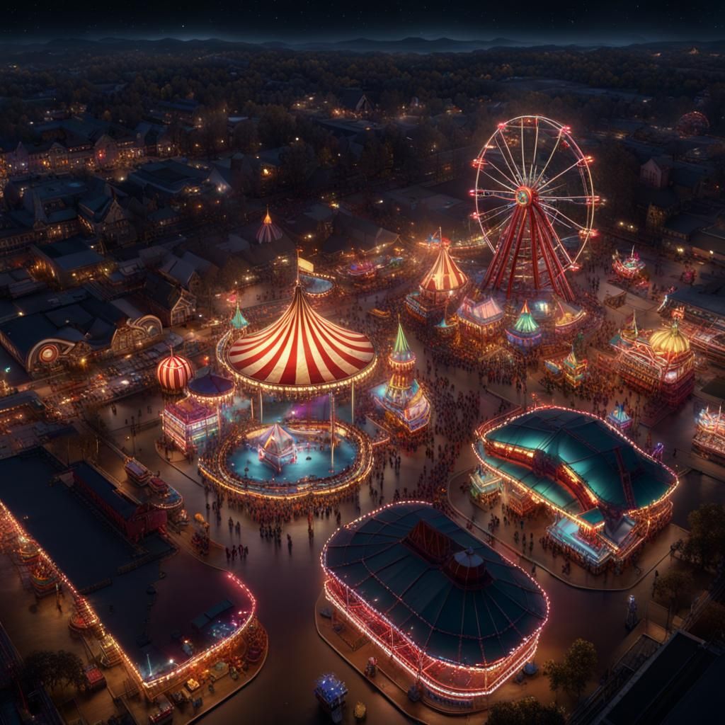Night Carnival View from Ferris Wheel, Digital Painting