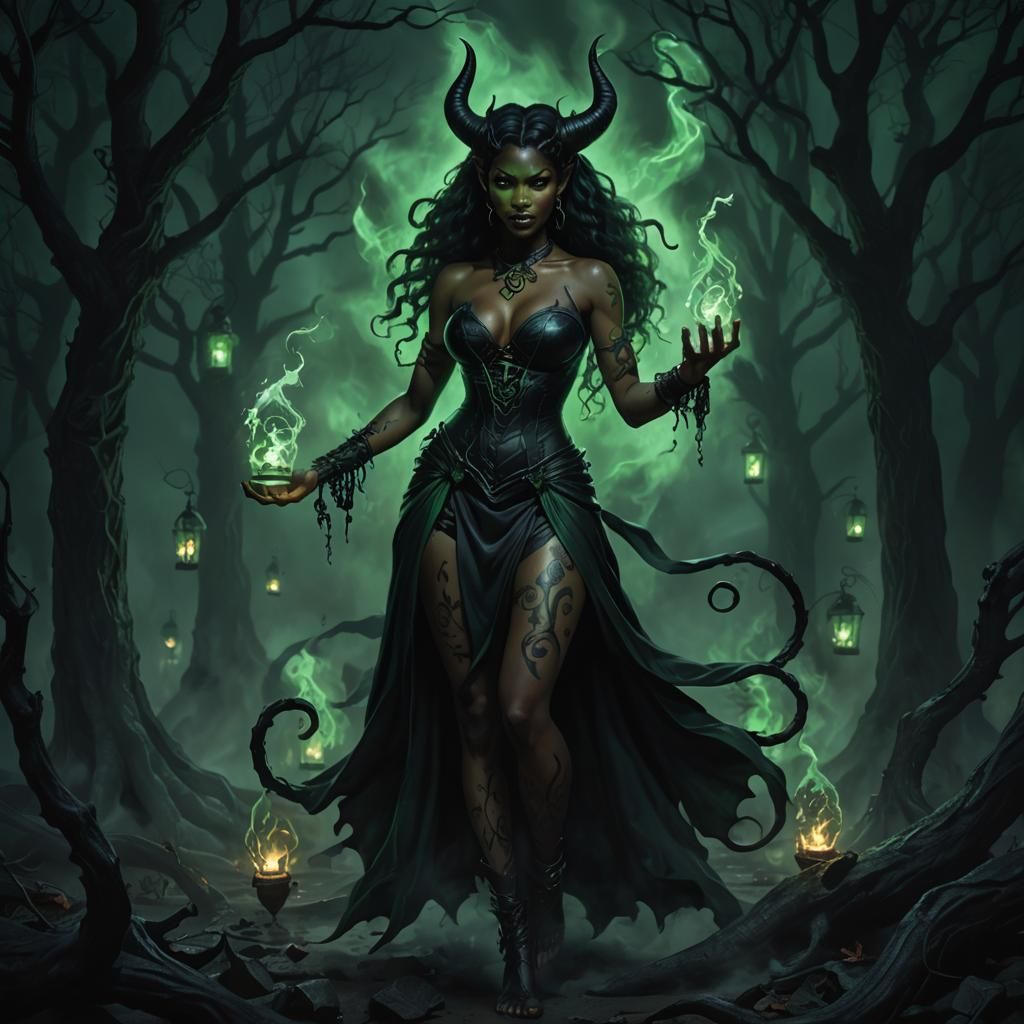 Mystical Woman Casting Spell in Gothic Cityscape