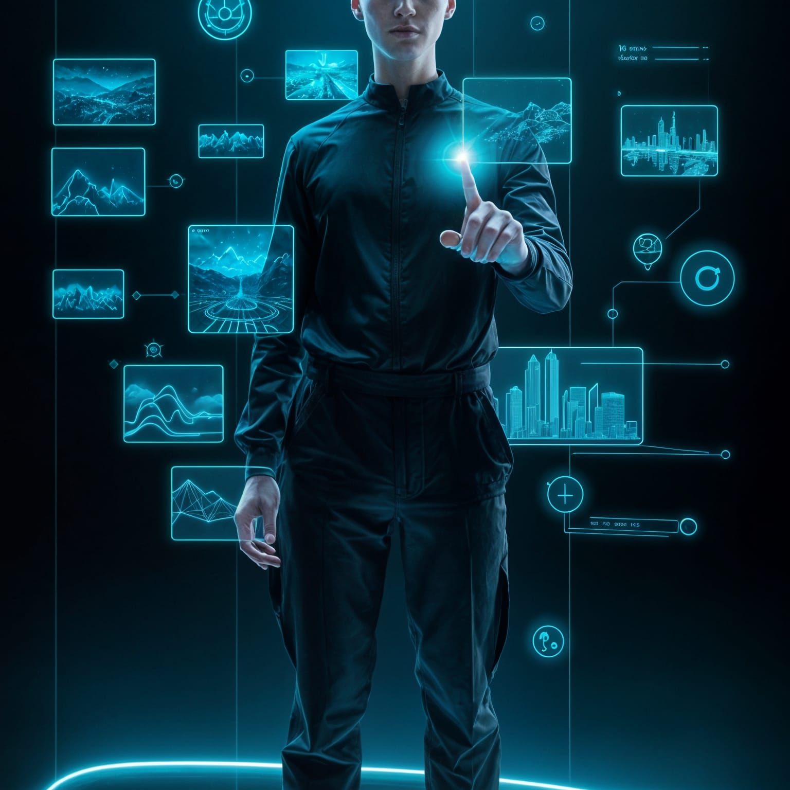Human Interacts with Holographic Interface in Futuristic Set...