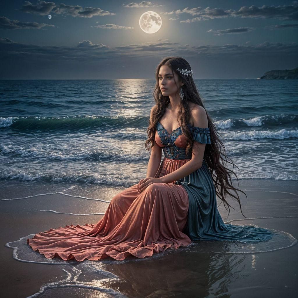a dark full moon beach at night, sitting in the shallow waters of the tide is a beautiful mer-woman, she has long flowin...
