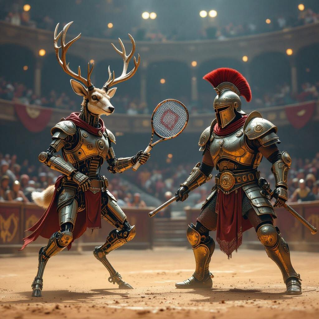 Steampunk Deer Plays Tennis Against Gladiator