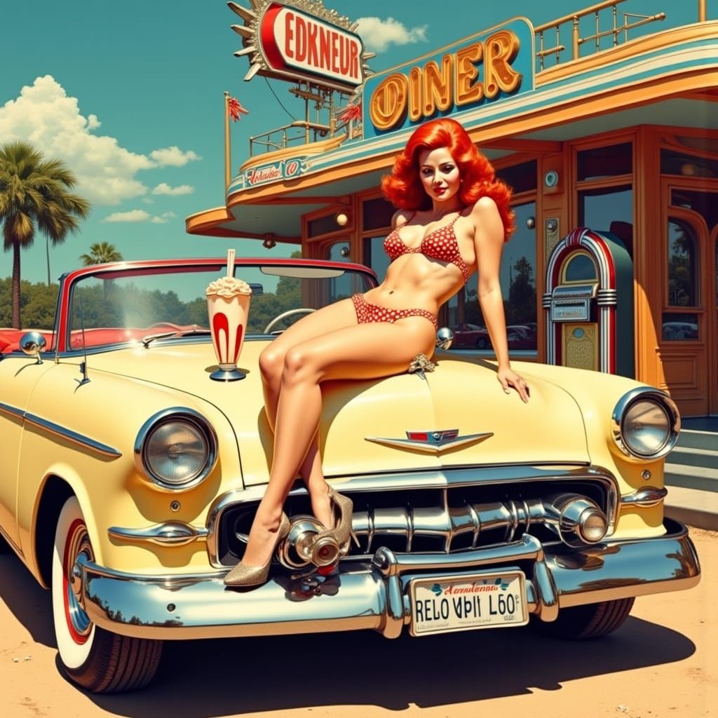 Vintage Pin-Up Girl at Diner in 1960s Style
