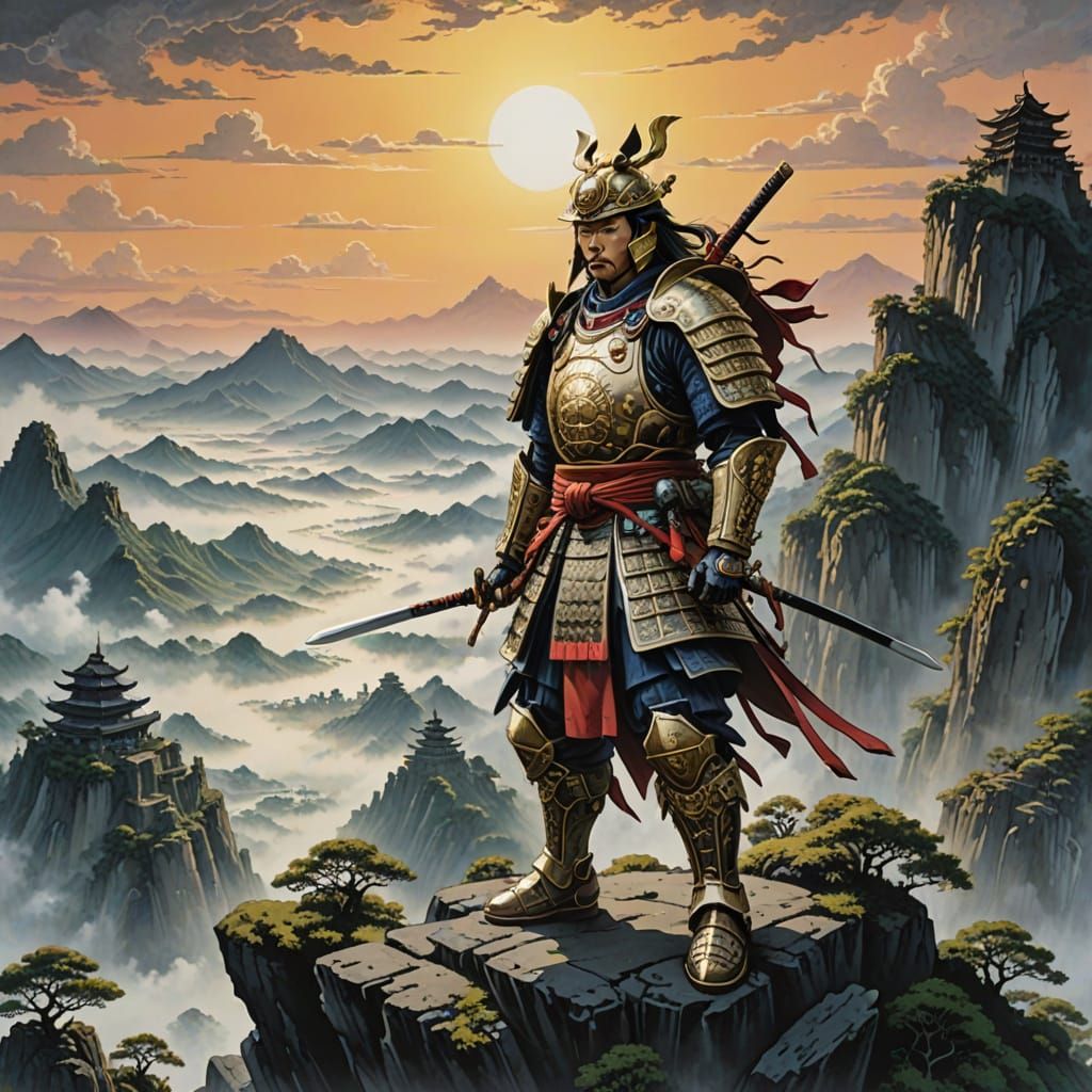 Lone Samurai Warrior on Misty Mountain Peak