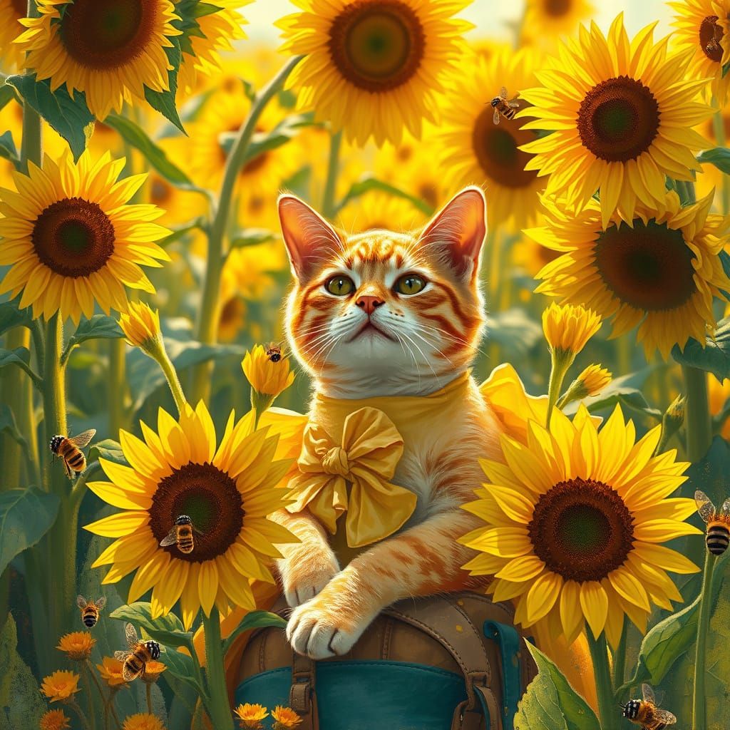 Ginger Cat Lounging in Sunflower Field: Impressionistic Styl...