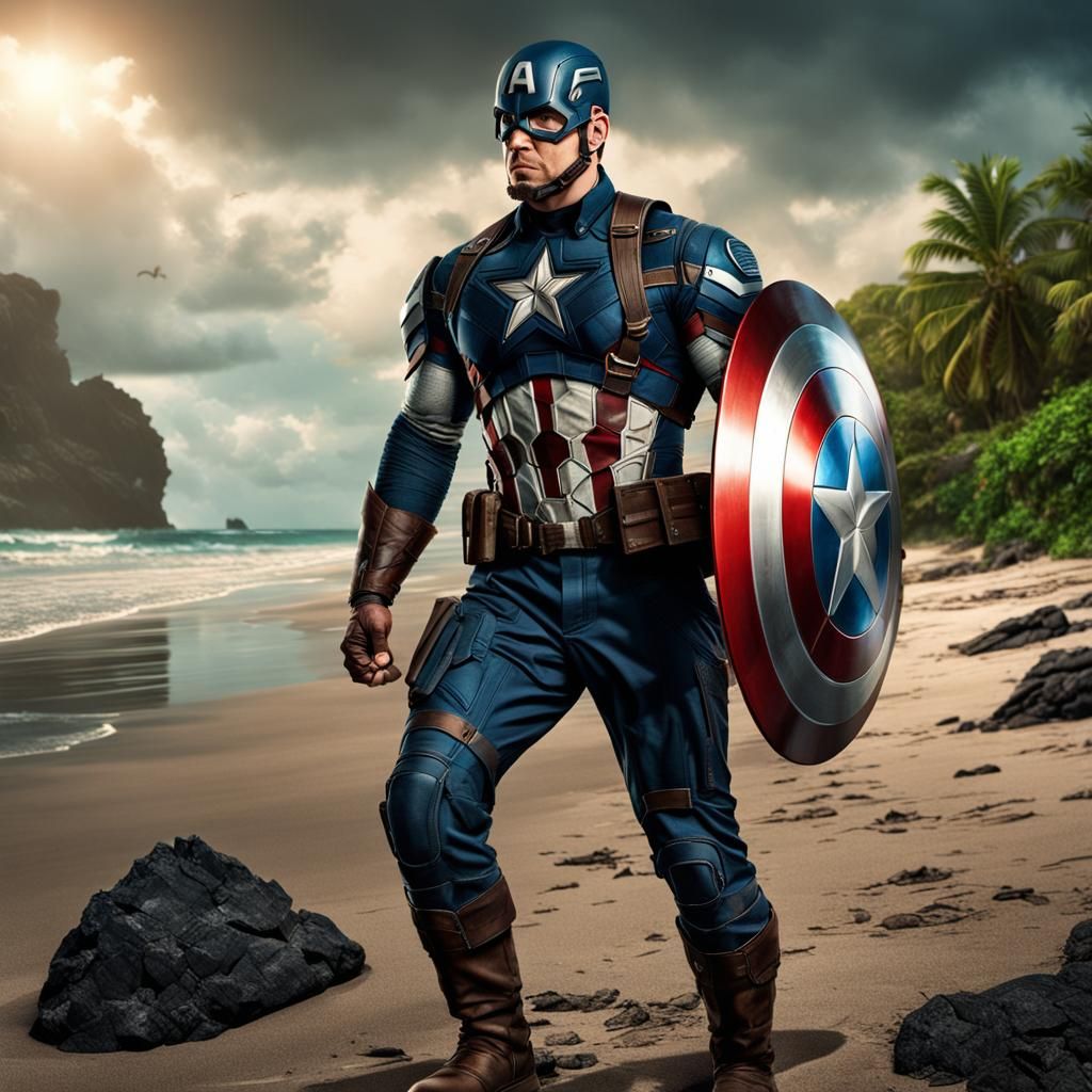 Captain America on a TROPICAL BEACH.