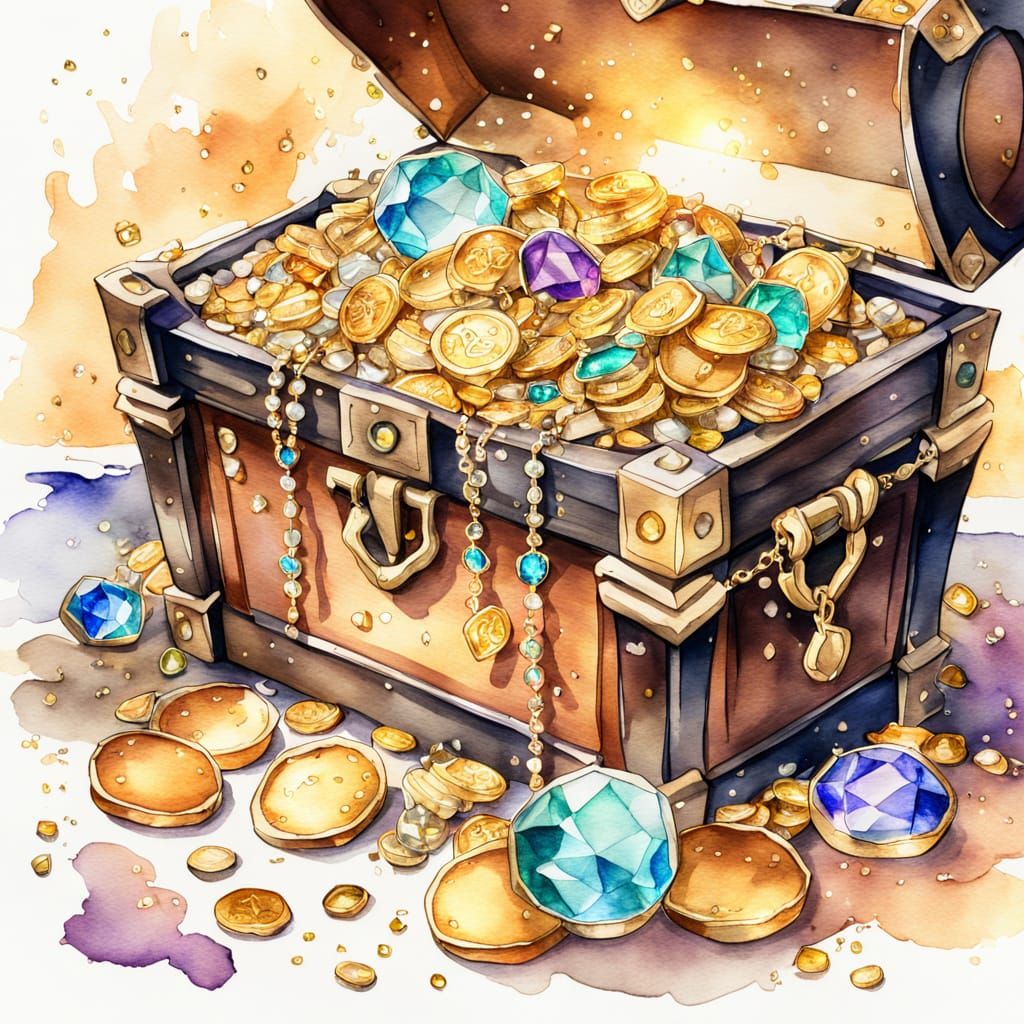 Pirate's Chest Overflowing with Gold and Jewels in Watercolo...