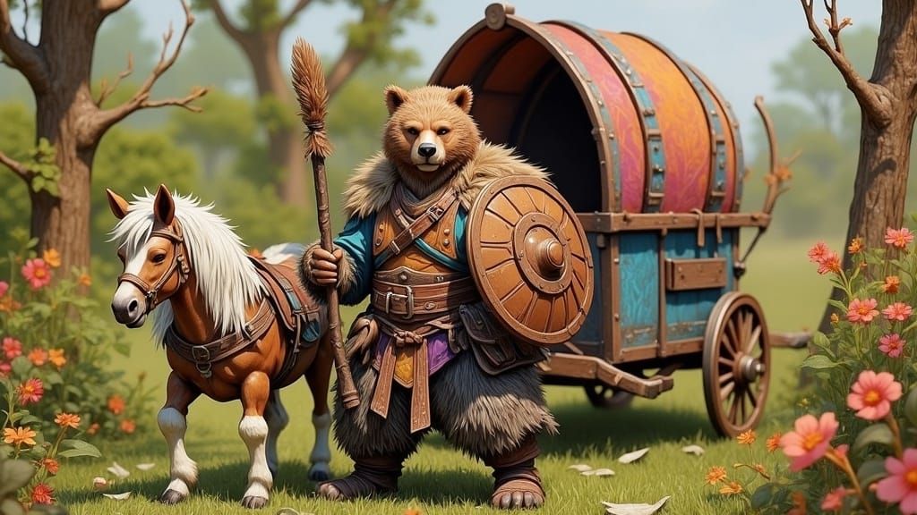 Semi-Realistic Fantasy Bear Warrior in Primal Attire with Wa...