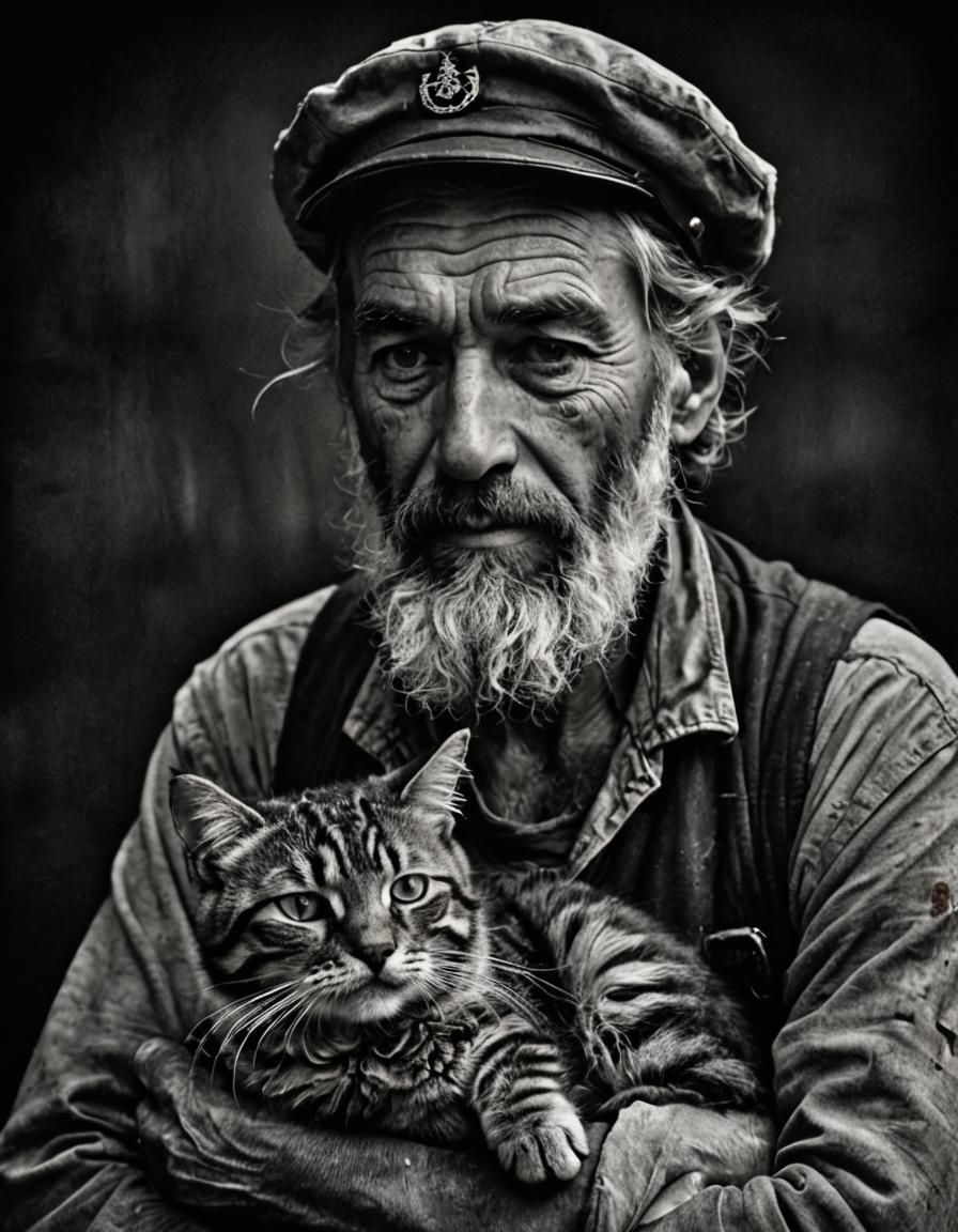Old Sailor with Cat: A Black and White Portrait