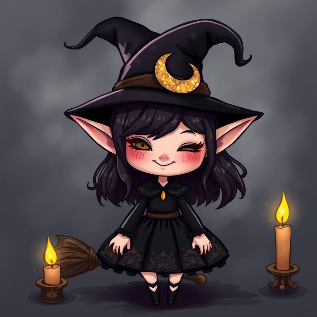 Chibi Elf Witch in Whimsical Mystical Style