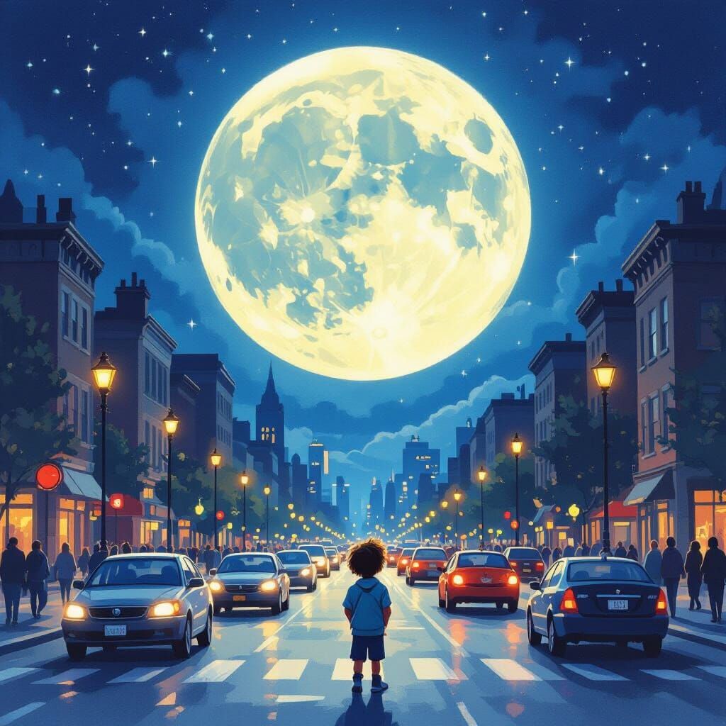 Child Gazes at Bright Full Moon Over Busy City Street