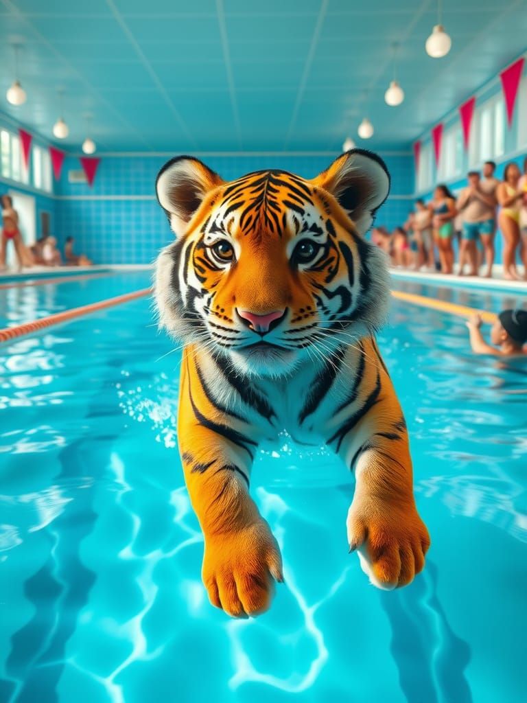 Whimsical Indoor Pool Scene with Striped Tiger