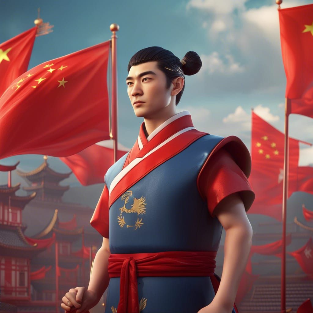 Handsome 3D Chinese Man with Flag, Detailed Animation
