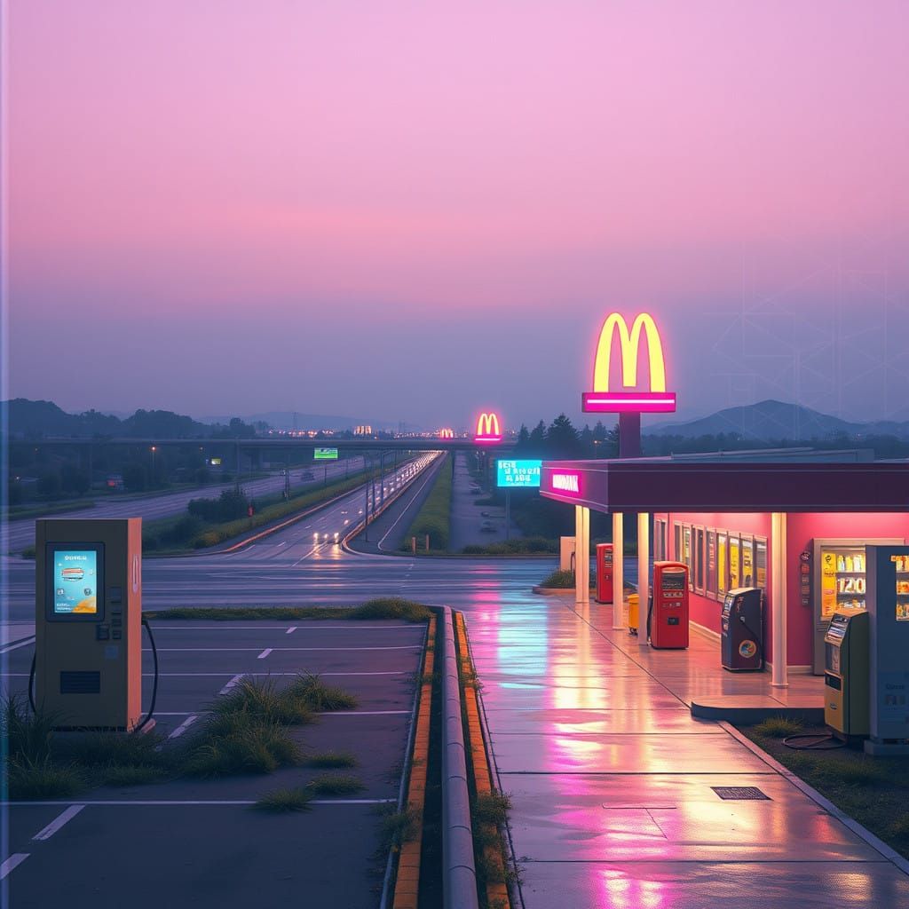 Surreal Dusk-Lit Retrofuturistic Townscape in Soft Pastels
