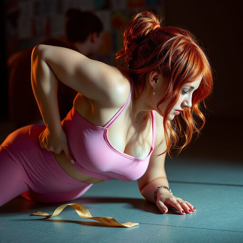 Hyperrealistic Redhead in Pink Sportswear Doing Planks