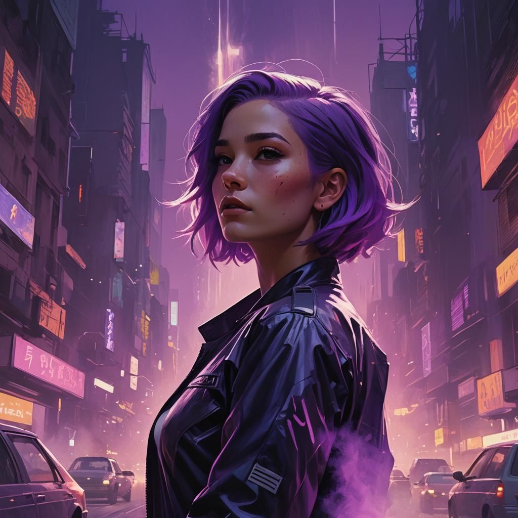 Woman with Neon Purple Hair in Cinematic Art