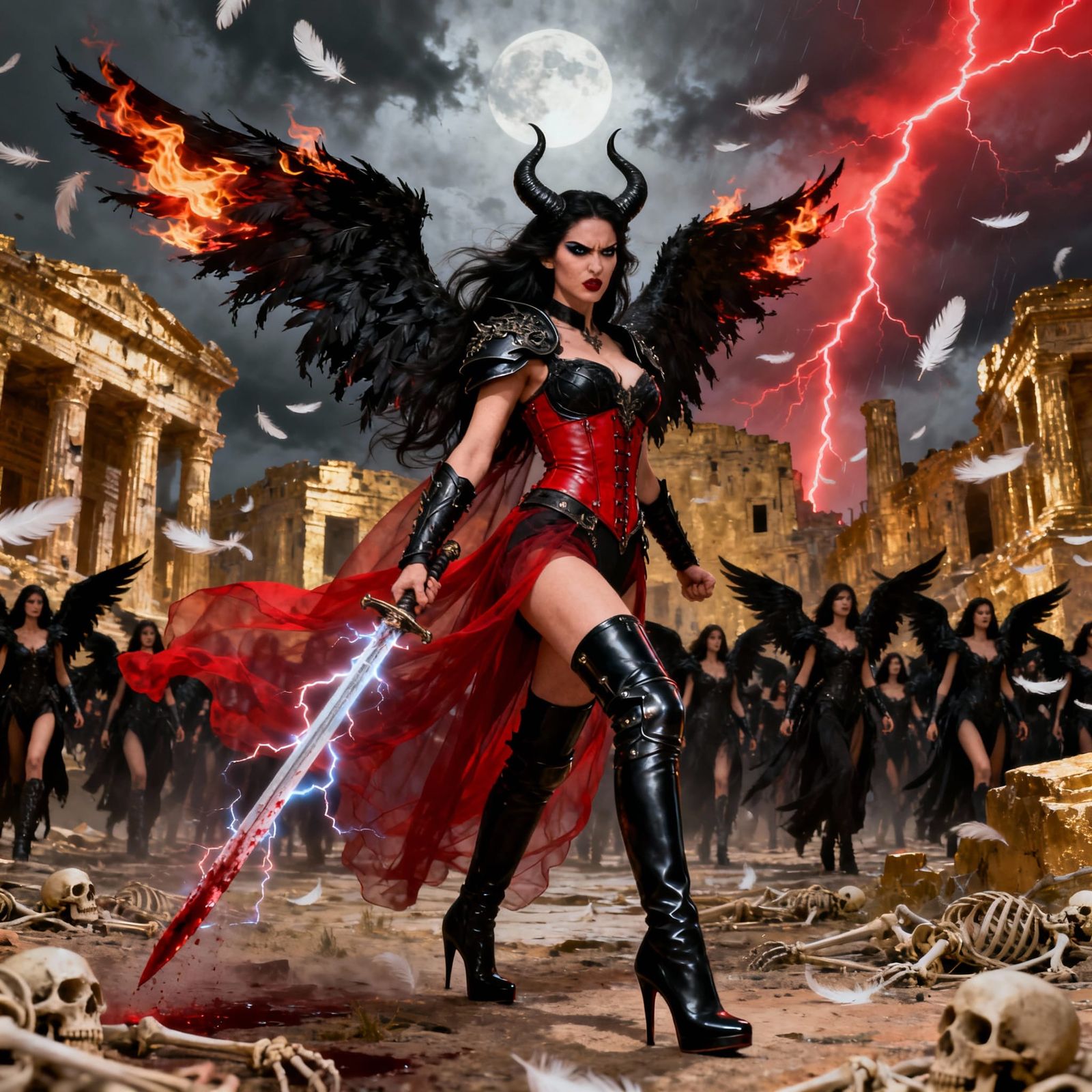 Fallen Angel Goddess Leads Army Amidst Fiery City