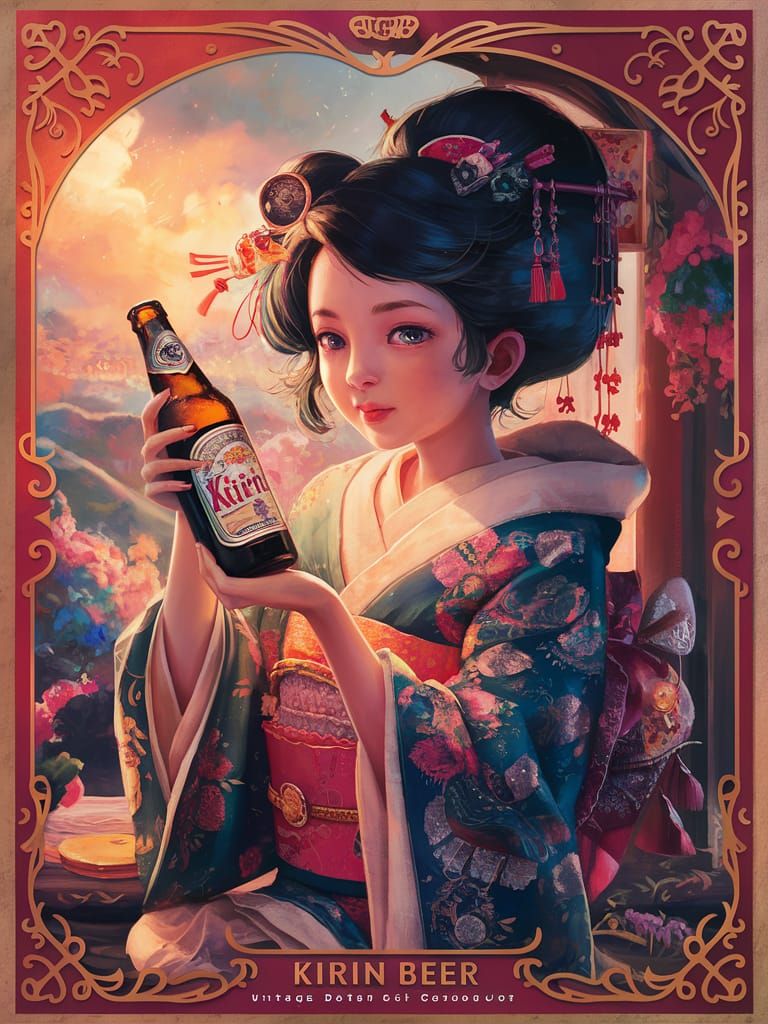Vintage Japanese Kirin Beer Girl in Dreamy Landscape