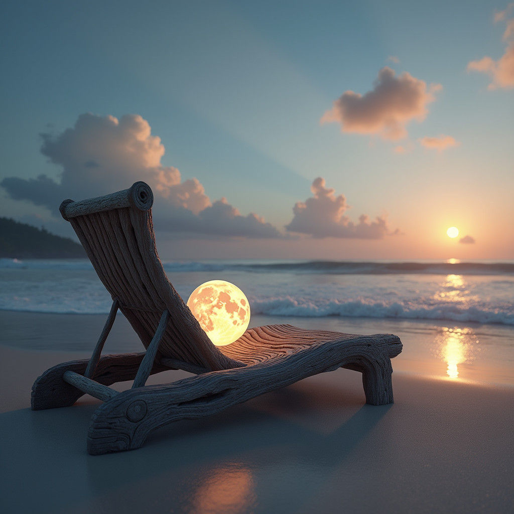 Moon Relaxing on Beach in Hyper-Realistic Style