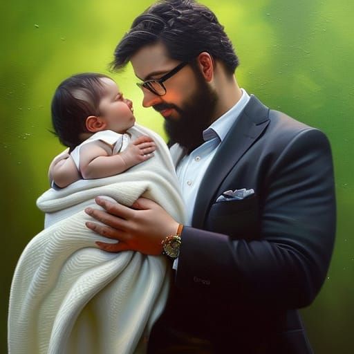 Touching Oil Painting of Father and Baby