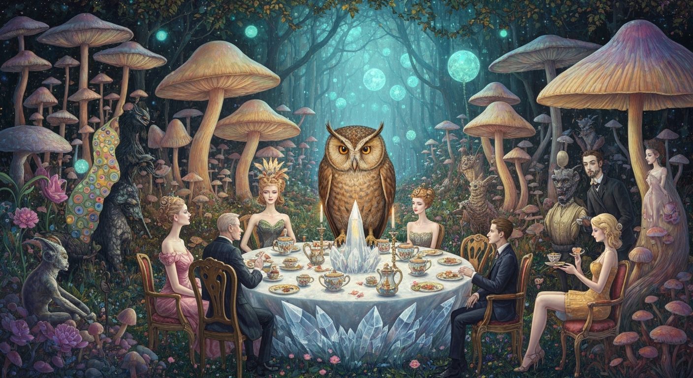 Surreal Tea Party in Bioluminescent Forest, Klimt Style