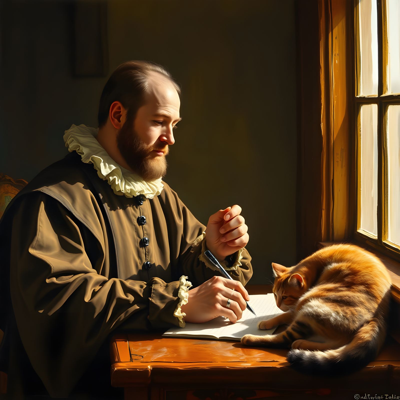 Renaissance Scribe with Cat: Oil Painting