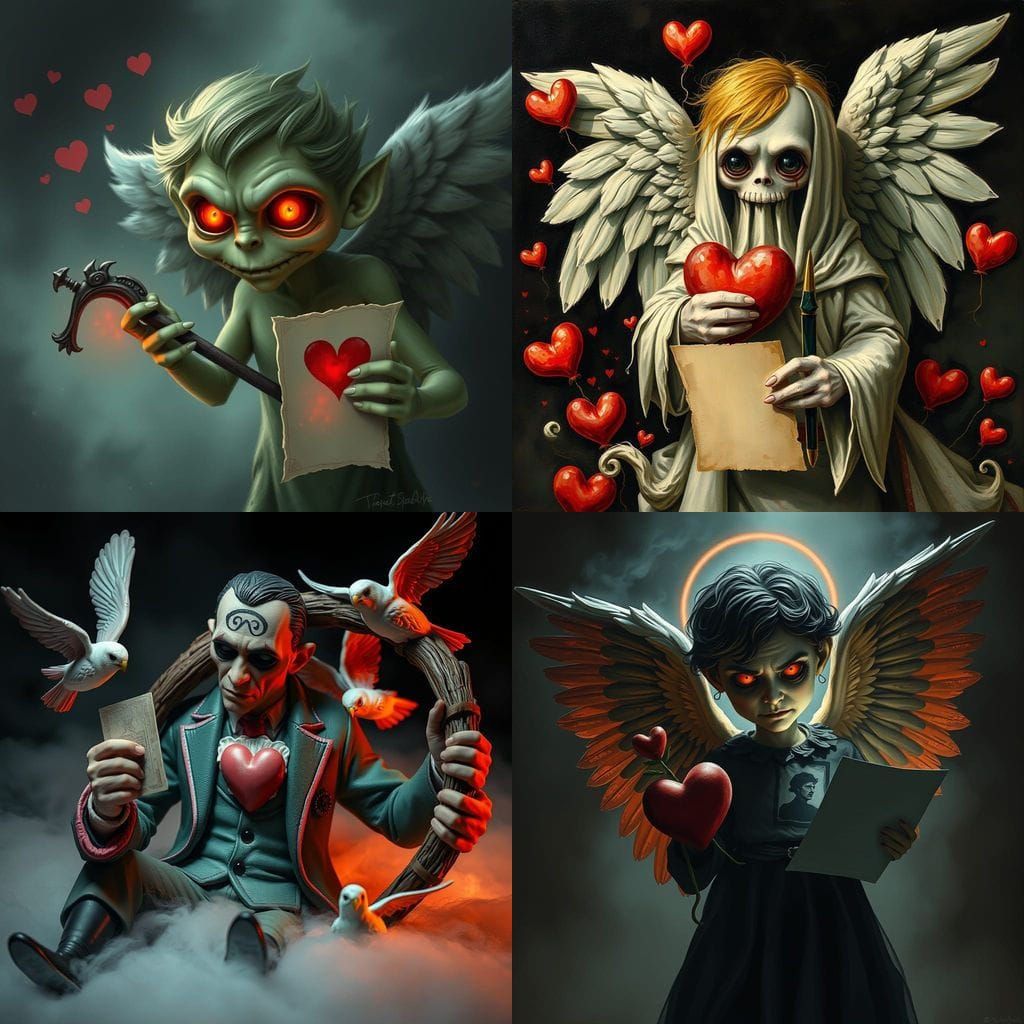 Valentine Angel with Bow and Ghostly Face Holding Letter