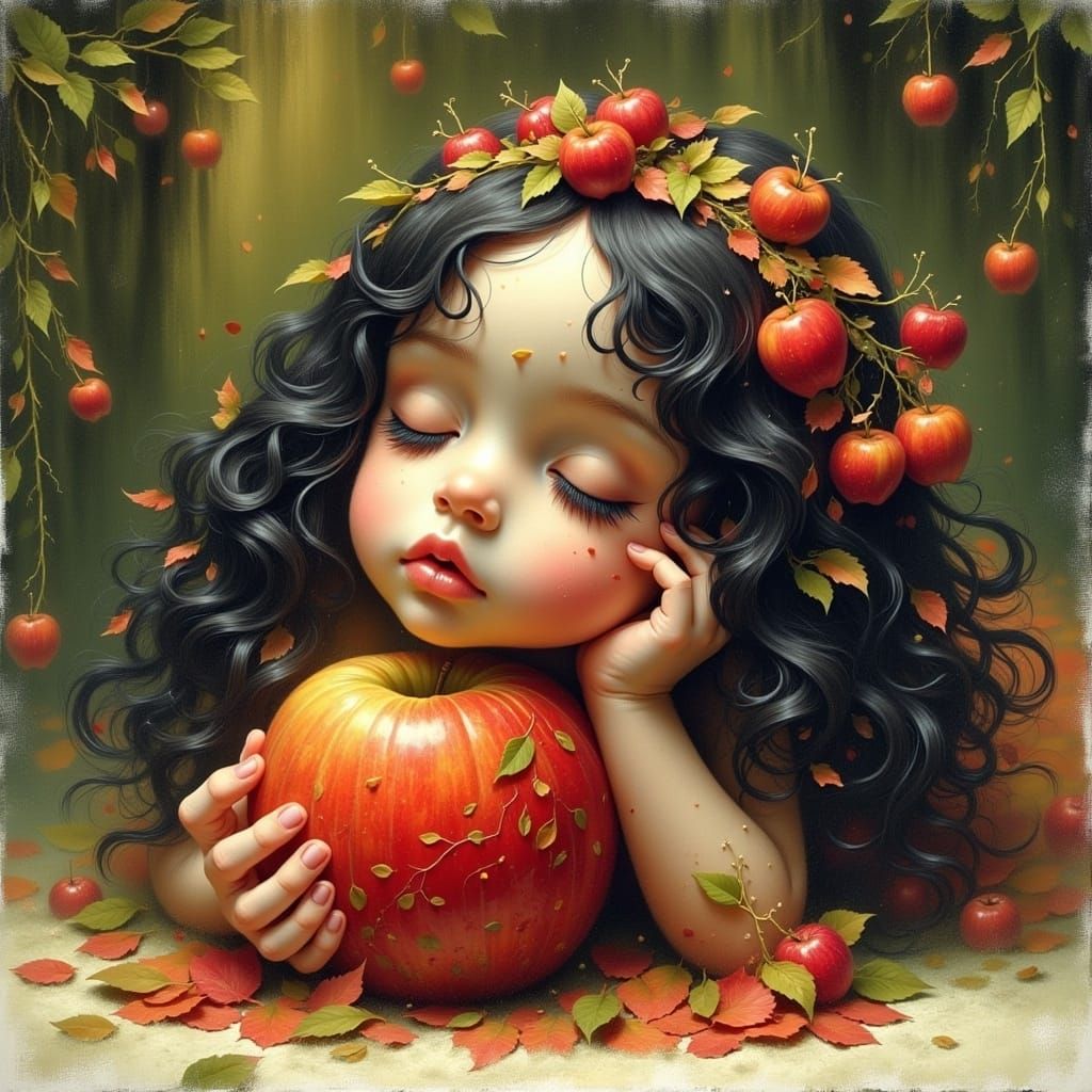 <lora:IntoMystic:1.0> 20 year old supercute tiny Snow White fainting after eating a poisoned large apple dark fantasy co...