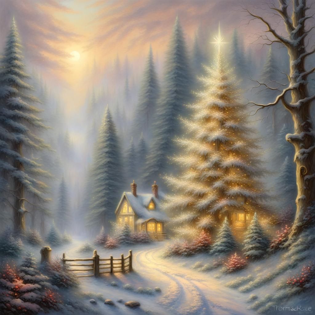 Ethereal Christmas Tree Scene in Misty Woods