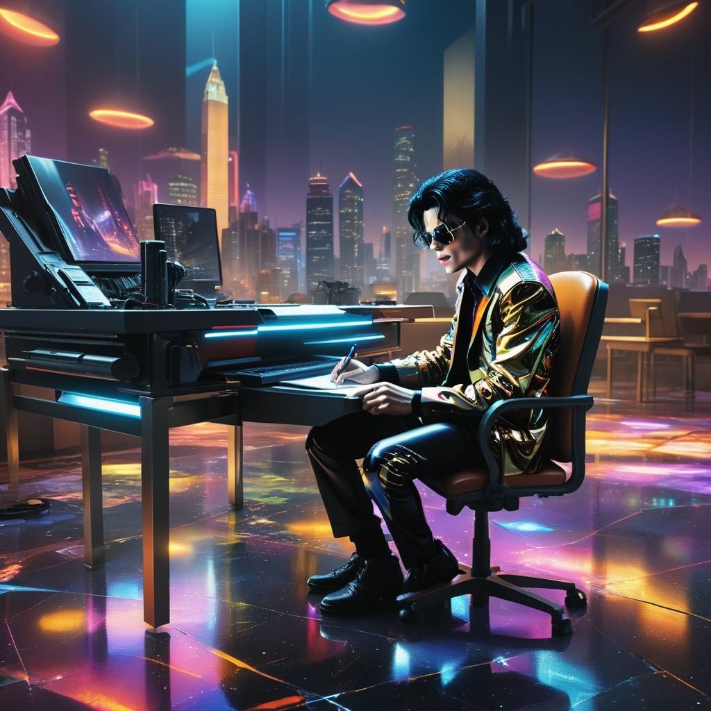 Futuristic Journalist in Neon Noir Cityscape