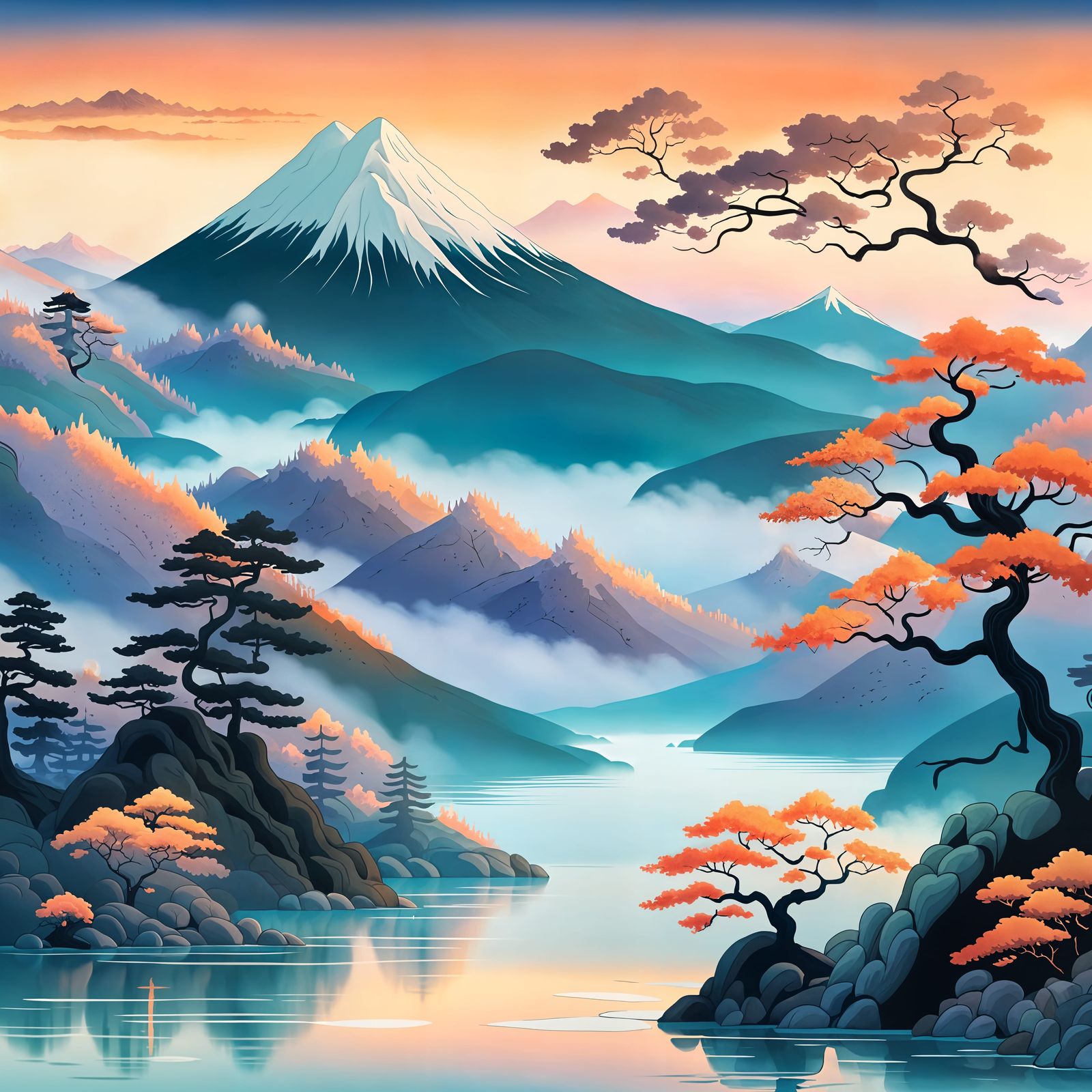 Surreal Ukiyo-E Panorama Captures Serene Sunset