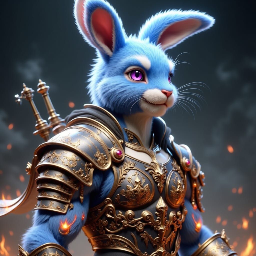 Cute Warrior Rabbit Man with Piercing Eyes and Vibrant Blue ...