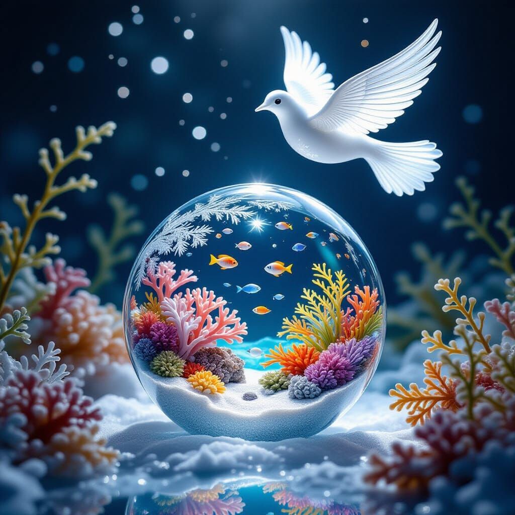 Glass Snowflake With Miniature Ocean and Glowing Bird