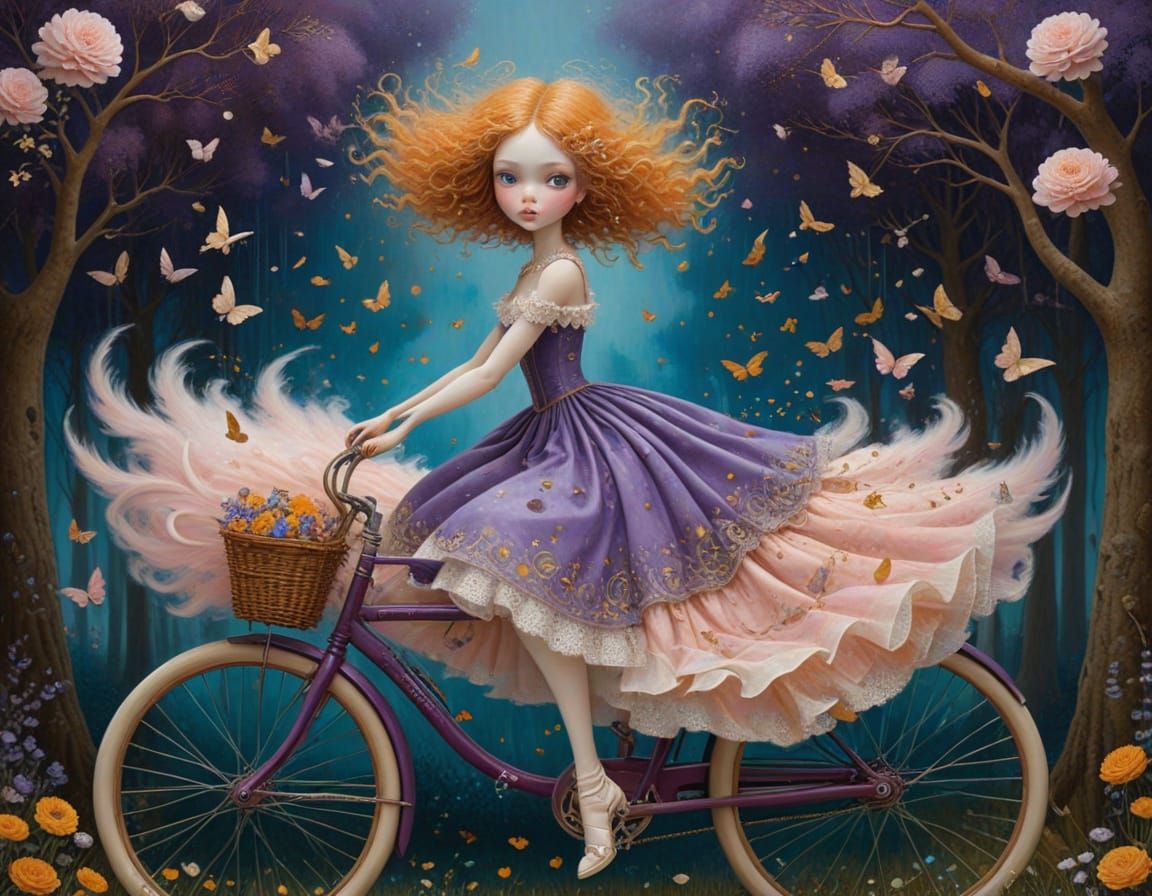 Surreal Girl on Bicycle: Whimsical Oil and Ink Masterpiece