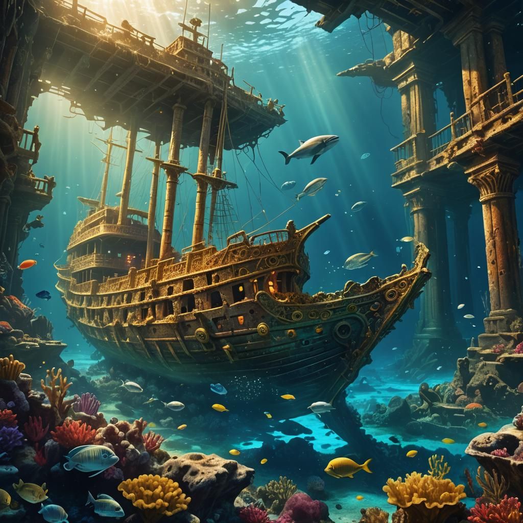 Golden Shipwreck Amid Sunken Ruins, Underwater Fantasy