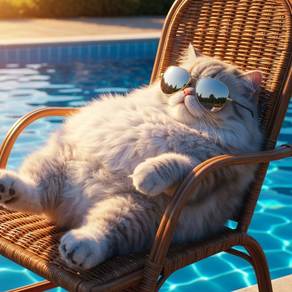 Fat Persian Cat Lounging by Pool in Sunglasses