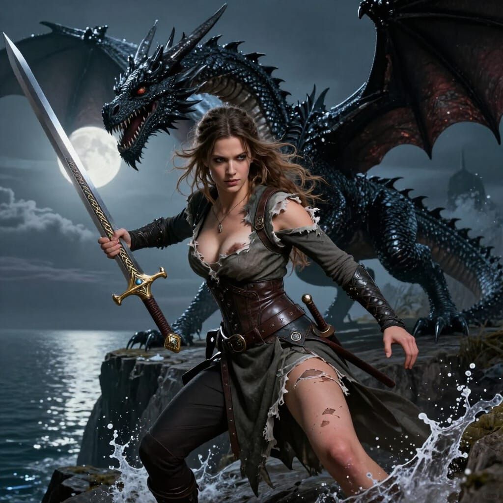 Young Mage Battles Giant Dragon on Cliffside