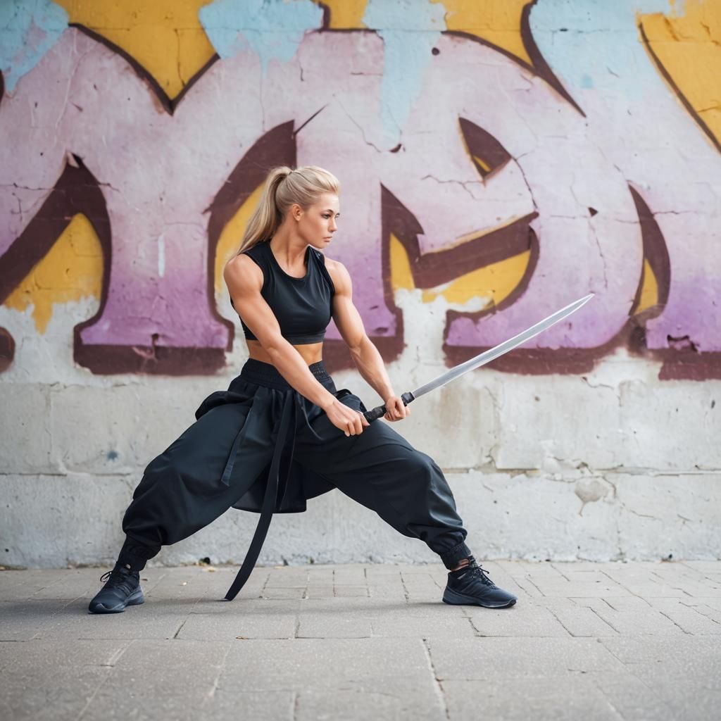 Fit Teenage Girl with Sword: Photorealistic Portrait