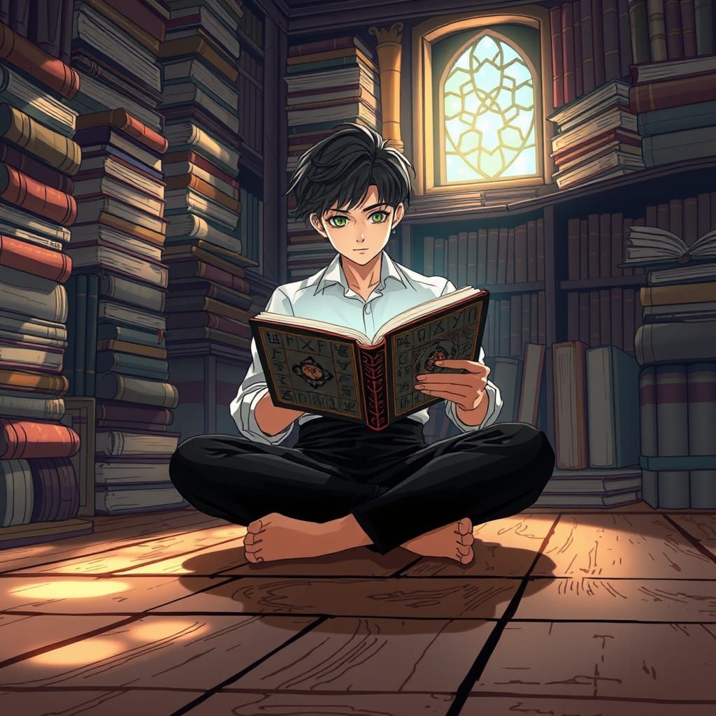 Young Protagonist Reads Ancient Magic Tome in Cozy Study