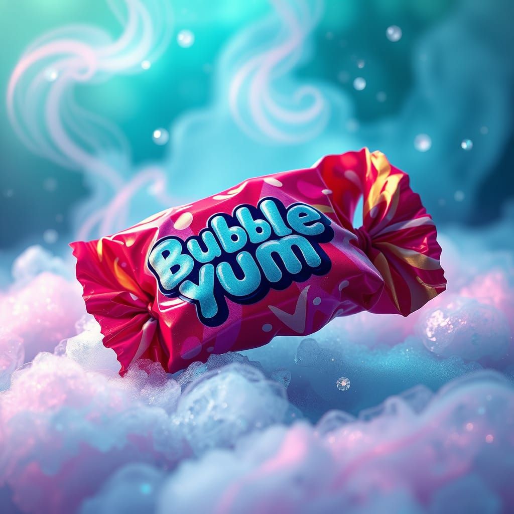 Vibrant Bubblegum Wrapper in a Dreamlike Fantasy Scene