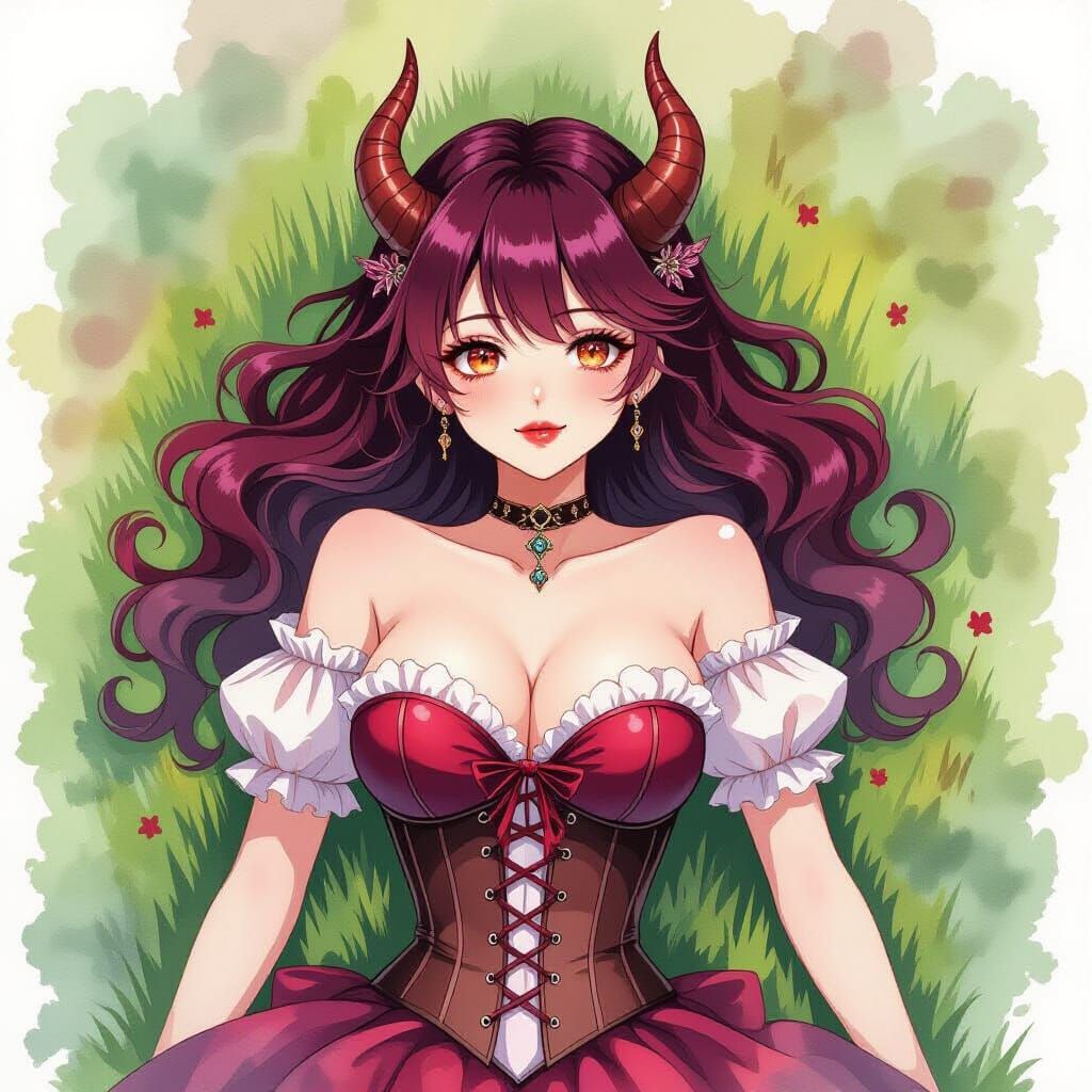 Demoness in Corset Dress with Burgundy Hair and Copper Eyes