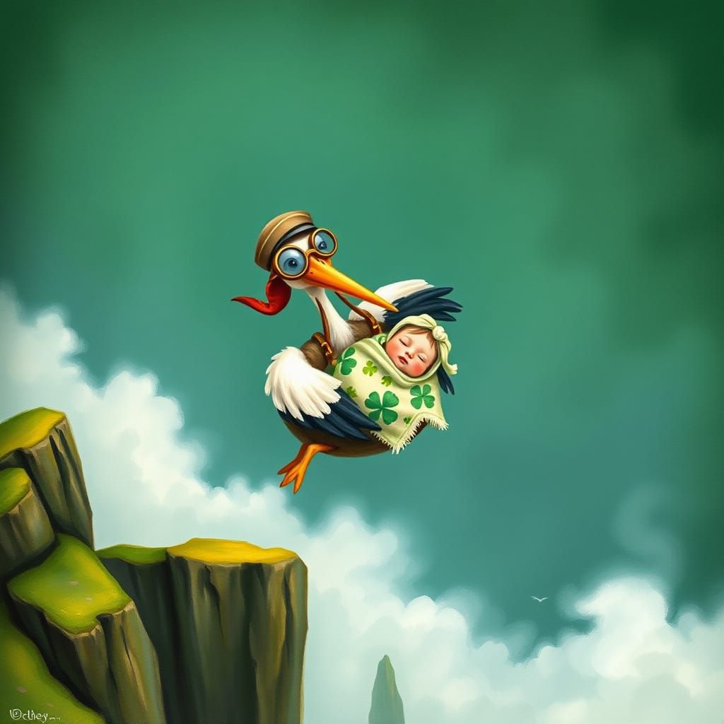 Stork Delivers Baby Over Ireland, Whimsical Art