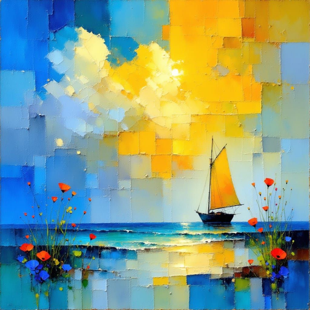 Bright Boat on Blue Water with Yellow Sail