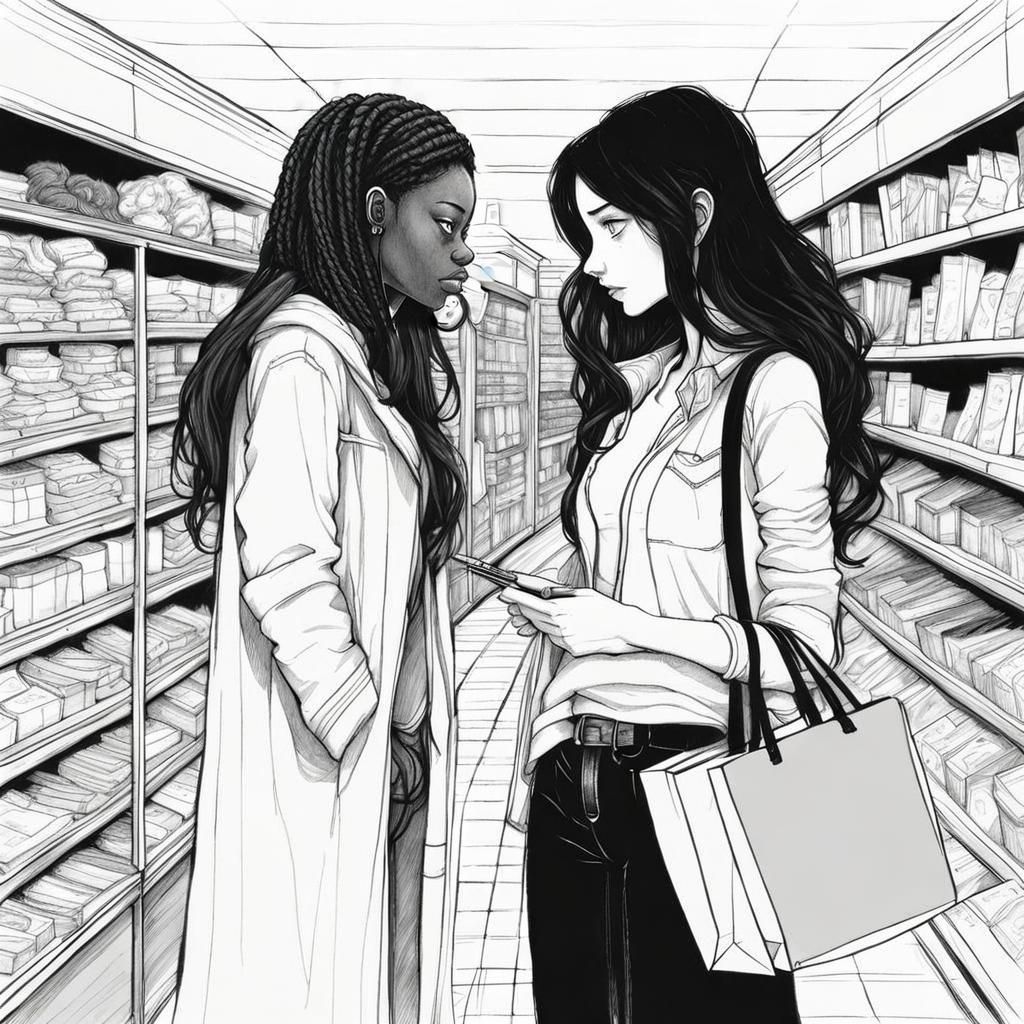 Shy Woman Shopping with Girlfriend: Pencil Illustration