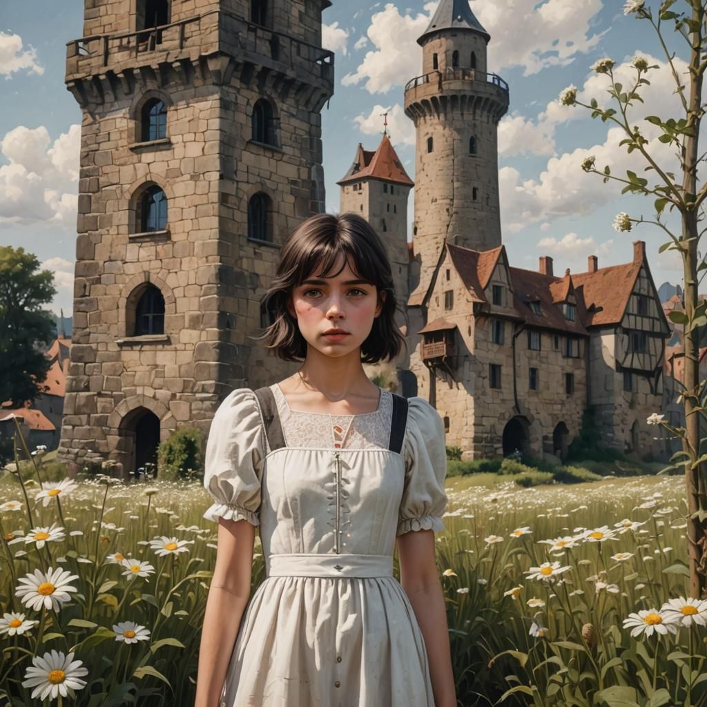Photorealistic Image of Girl With Medieval Tower