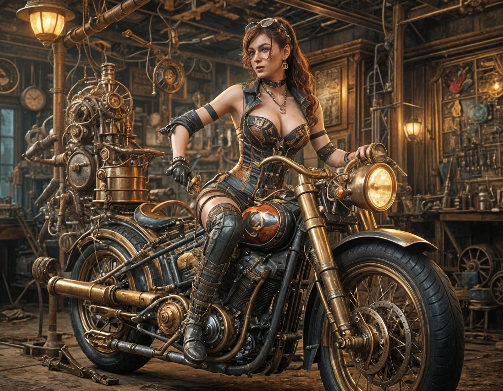 Steampunk Harlequin Motorcycle Repair: Hyperrealistic 3D Art