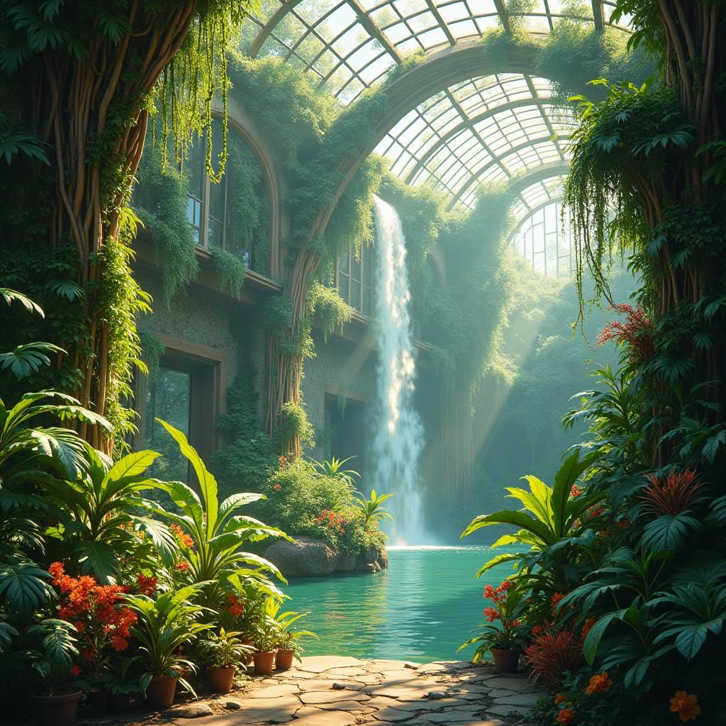 Tropical Greenhouse Waterfall: Digital Matte Painting