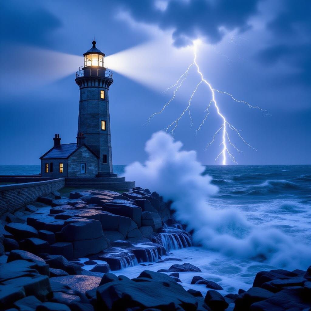 Lighthouse Beacon in Stormy Seas: Professional Photography